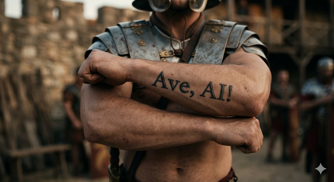 Легионер со скрещёнными руками, на предплечье татуировка «Ave, AI!»